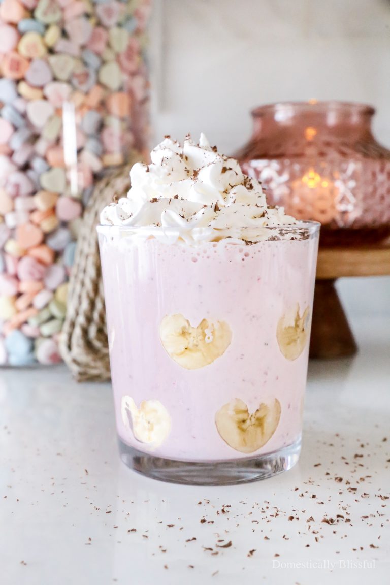 This Banana Heart Strawberry Milkshake is a quick and easy treat the whole family will love this Valentine's season!