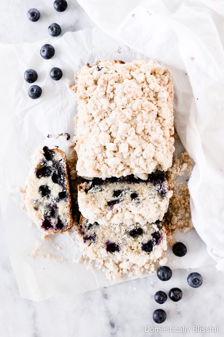 This Streusel Blueberry Bread is made with fresh blueberries and topped with lots of sweet crumble for a deliciously soft breakfast and brunch sweet treat.