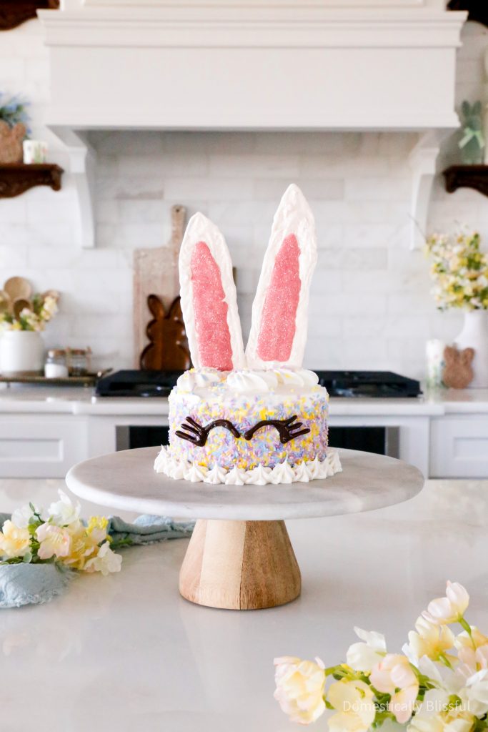 This Bunny Cake is a fun and super easy way to decorate a homemade or store-bought cake for a spring or Easter party.
