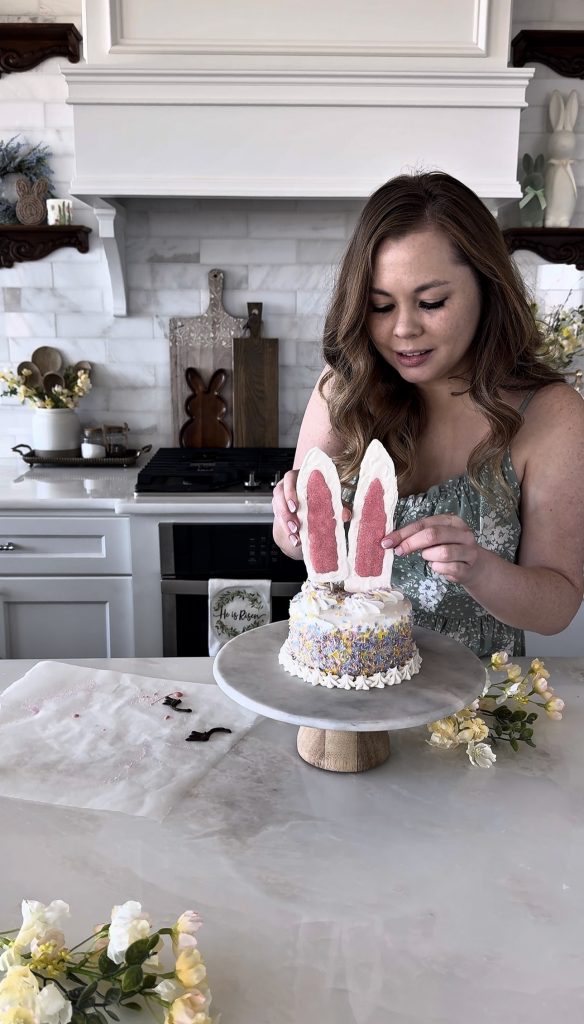 This Bunny Cake is a fun and super easy way to decorate a homemade or store-bought cake for a spring or Easter party.