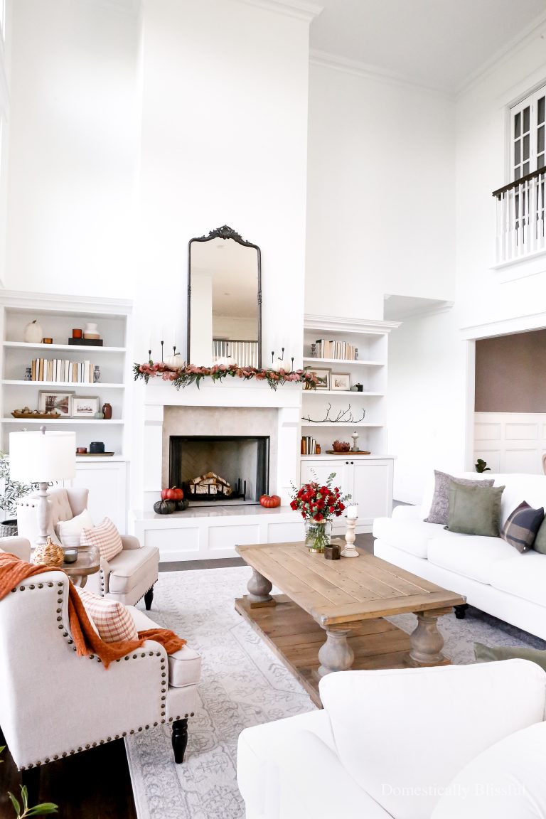 Fall living room decor with classic fall colors, a DIY fall garland, and a DIY Fall Maple Tree.