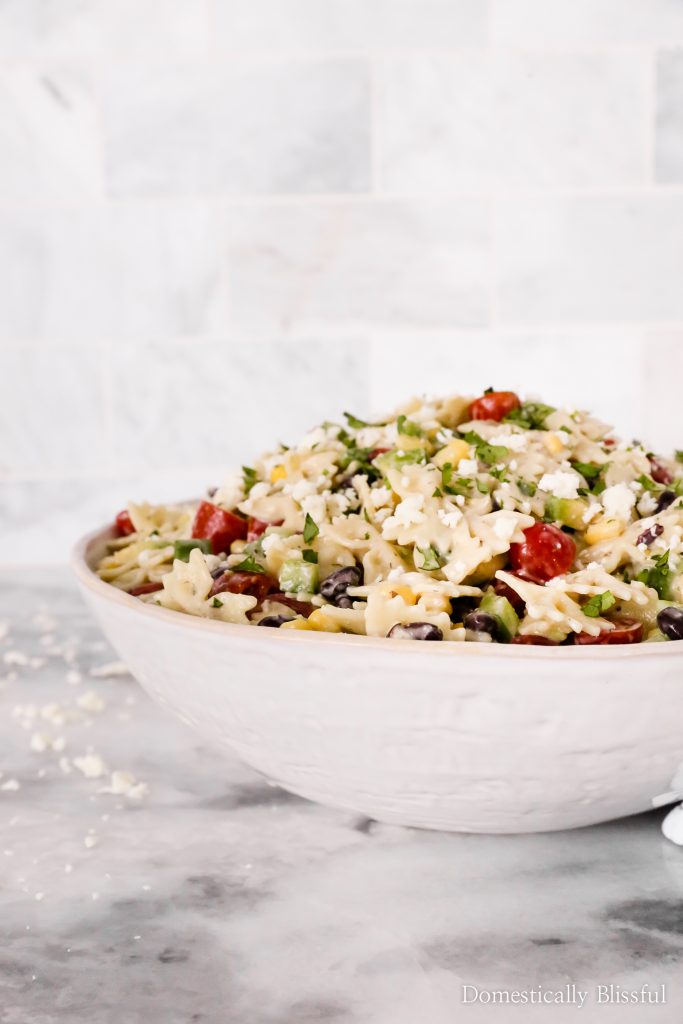 This Mexican Pasta Salad is a colorful vegetarian pasta recipe filled with fresh vegetables and topped with Panera Creamy Buttermilk Ranch+Dip at Publix.