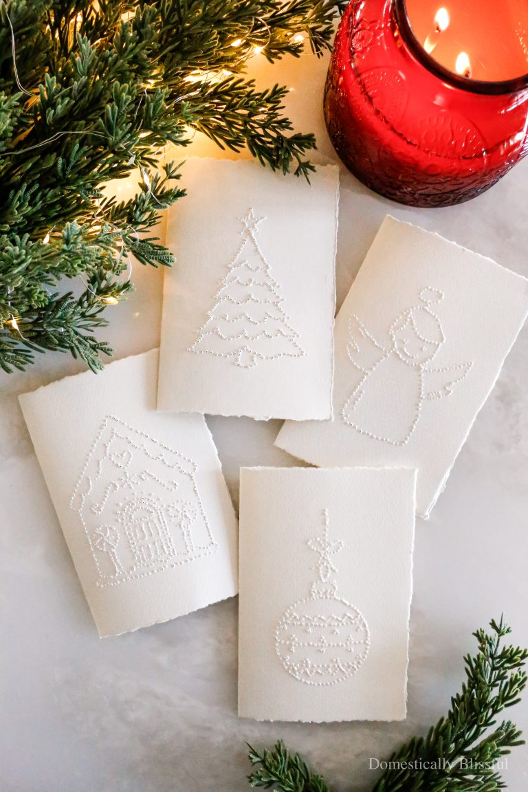 These Pinpoint Embossed Christmas Cards are a super easy way to create beautiful Christmas cards this holiday season with my free printables!