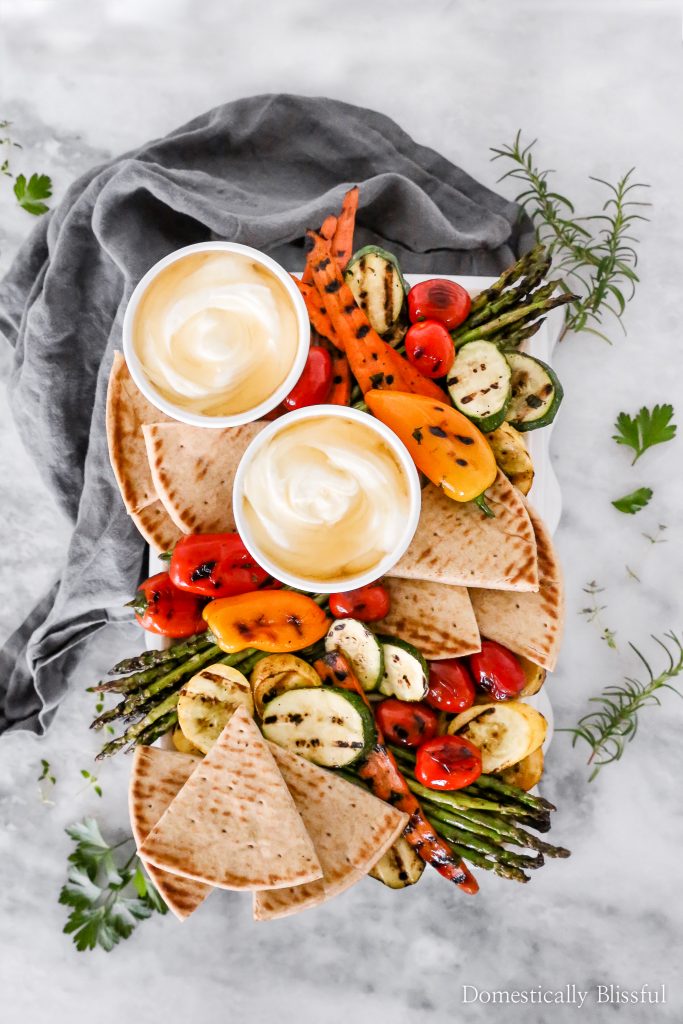 This Marinated Grilled Vegetables with whipped feta and honey is the perfect side dish for your next Mediterranean dinner.