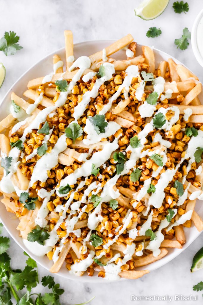 These Mexican Street Corn Fries are super easy to make with a base of crispy fries and melted cheese, topped with roasted corn, drizzled with cilantro cream sauce, and a squeeze of lime.