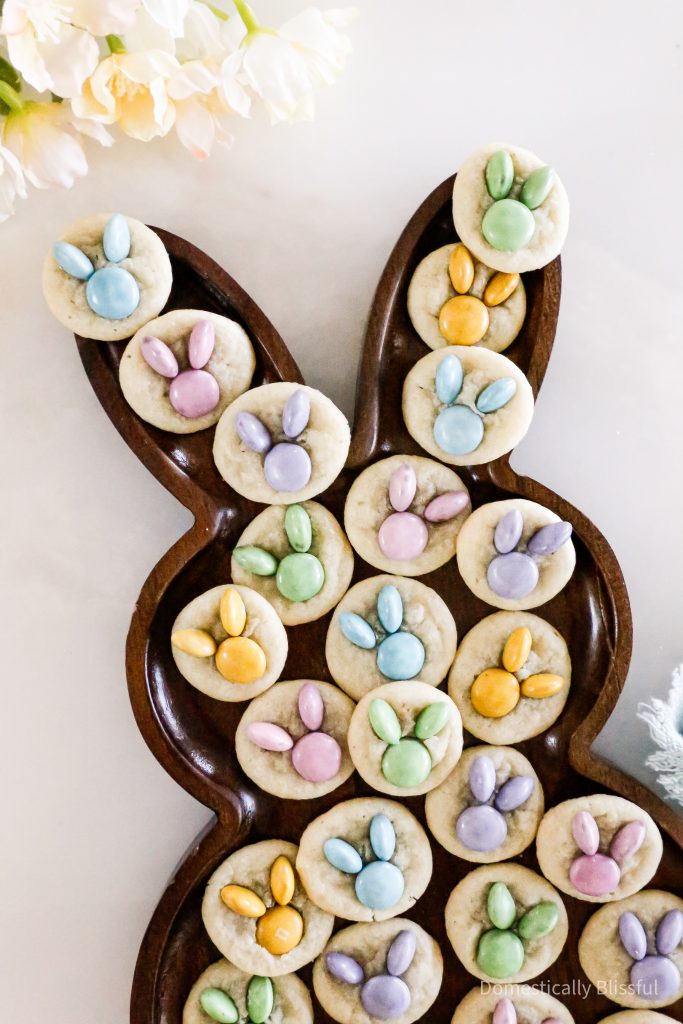 These Mini Bunny Sugar Cookies are made with pastel M&M's and are the perfect bite-sized dessert for an Easter brunch or spring party.