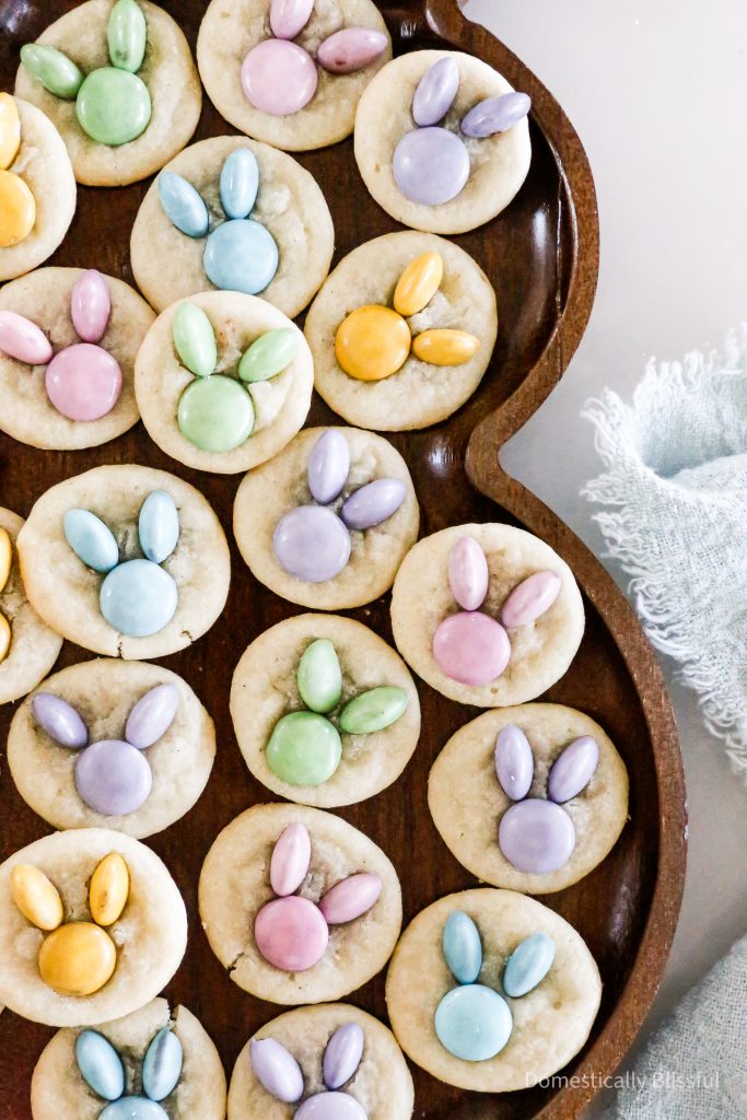 These Mini Bunny Sugar Cookies are made with pastel M&M's and are the perfect bite-sized dessert for an Easter brunch or spring party.