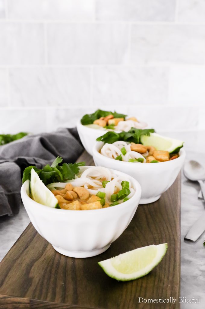This Thai Tofu Noodle Soup is a vegetarian soup filled with noodles, tofu, and fresh vegetables and is topped with cashews, cilantro, chives, and fresh-squeezed lime!
