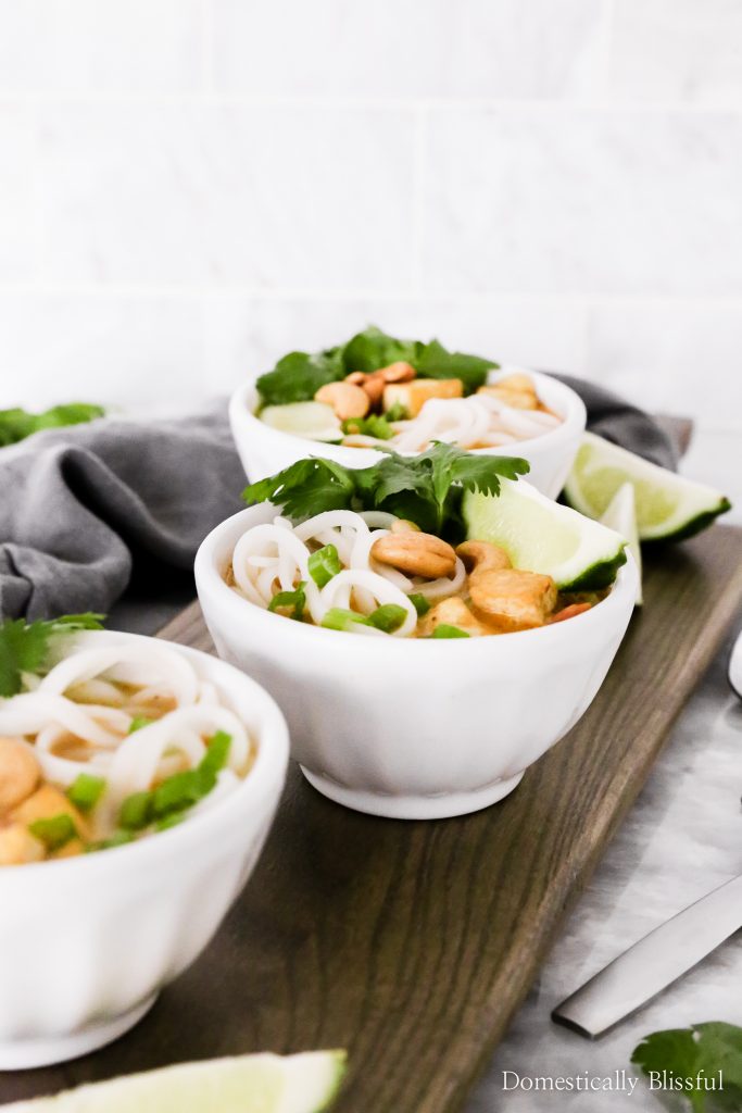 This Thai Tofu Noodle Soup is a vegetarian soup filled with noodles, tofu, and fresh vegetables and is topped with cashews, cilantro, chives, and fresh-squeezed lime!