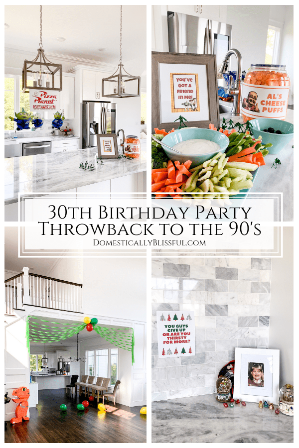 30th birthday party with a throwback theme to the '90s, including Jurassic Park, Star Wars, Toy Story, and Home Alone.