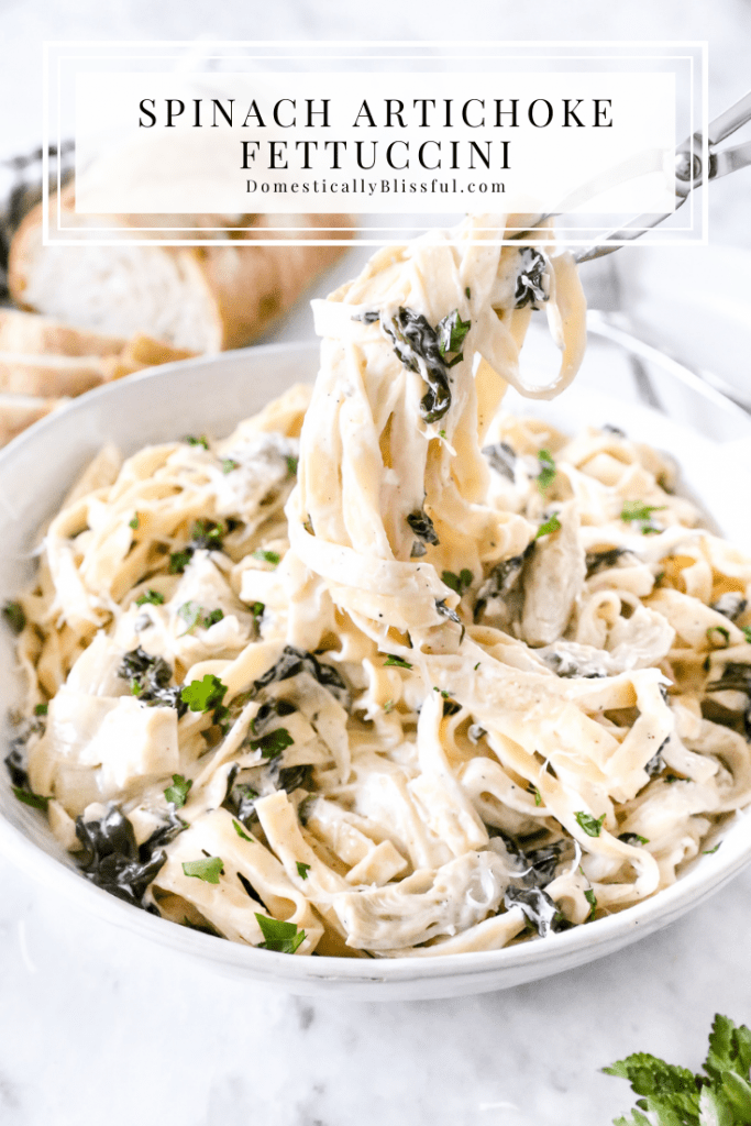 This Spinach Artichoke Fettuccini is made with fresh fettuccini topped with a creamy sauce filled with marinated artichoke hearts and spinach and topped with fresh parsley and grated parmesan.