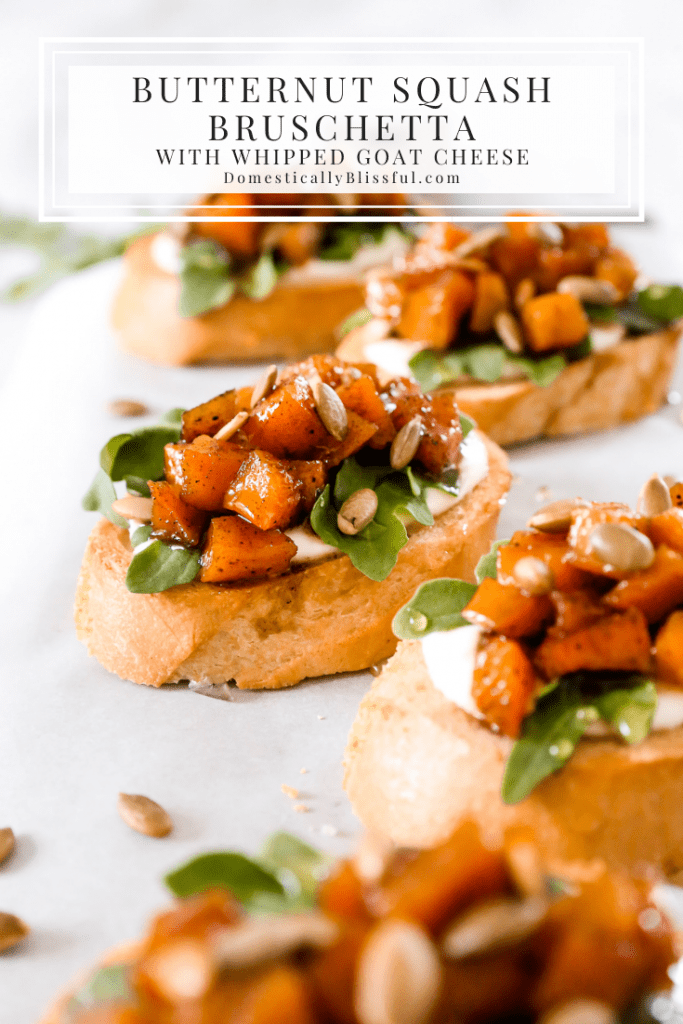 This Whipped Goat Cheese Butternut Squash Bruschetta begins with sliced toasted baguette, topped with whipped goat cheese, arugula, roasted butternut squash, honey, and pumpkin seeds.  