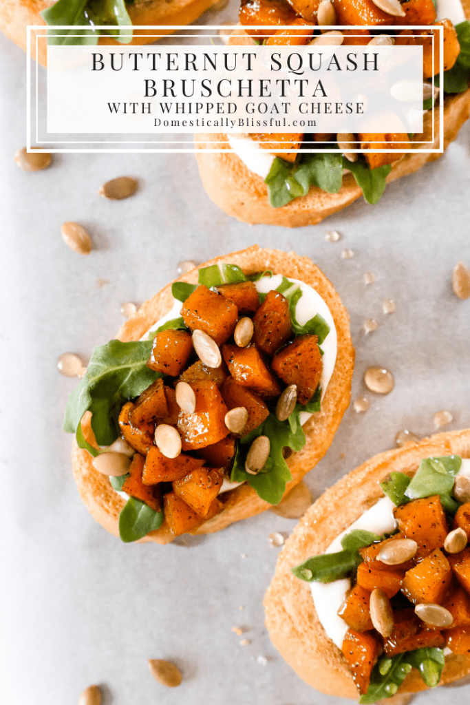 This Whipped Goat Cheese Butternut Squash Bruschetta begins with sliced toasted baguette, topped with whipped goat cheese, arugula, roasted butternut squash, honey, and pumpkin seeds.  