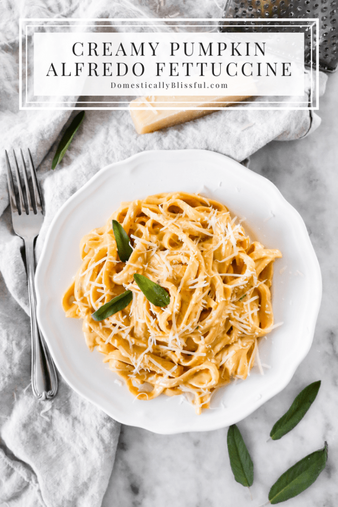 This Creamy Pumpkin Alfredo Fettuccine is a great use for leftover pure pumpkin and is a creamy fall dinner recipe your whole family will love!