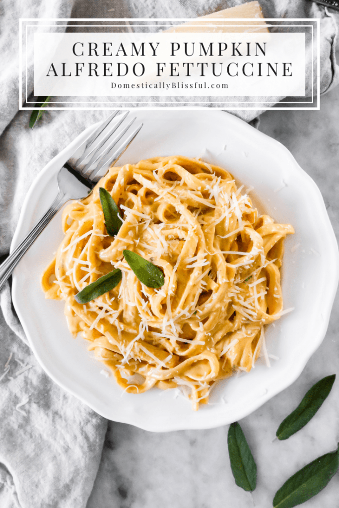 This Creamy Pumpkin Alfredo Fettuccine is a great use for leftover pure pumpkin and is a creamy fall dinner recipe your whole family will love!