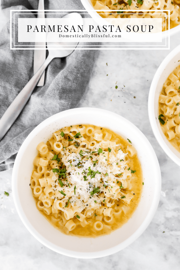 This Parmesan Pasta Soup is a cozy vegetarian soup recipe that is made with only 5 ingredients!