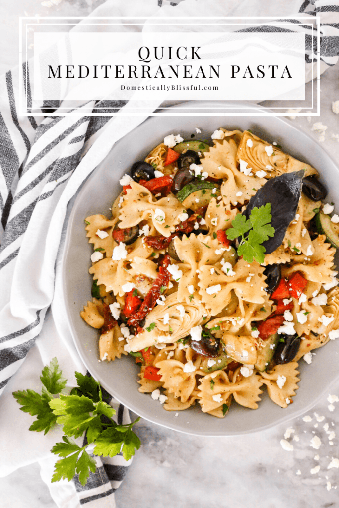 This Quick Mediterranean Pasta can be made in 15 minutes and is filled with a variety of colorful ingredients for a fun vegetarian dinner!