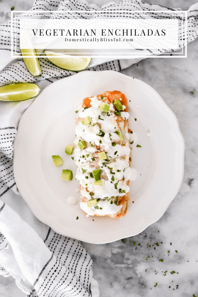 This Vegetarian Enchiladas recipe is topped with fresh flavors and filled with zucchini, broccoli, red pepper, corn, and black beans for a deliciously filling dinner. 