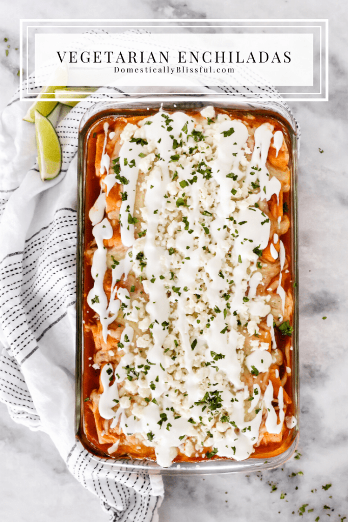 This Vegetarian Enchiladas recipe is topped with fresh flavors and filled with zucchini, broccoli, red pepper, corn, and black beans for a deliciously filling dinner. 